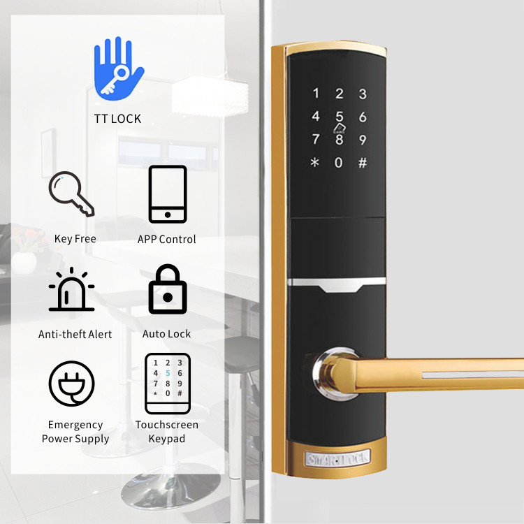 قفل الباب ذو المفاتيح الذكية ذو اللون الذهبي بالتحكم عن بعد مع تطبيق TTlock Card Key